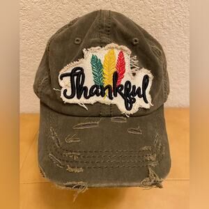 Thankful Fall Frayed Velcro Back Baseball Cap Hat.  OS. Feathers